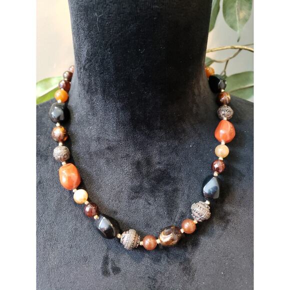 Womens Fashion Tribal Chunky Carnelian Coral Verde Marble Ornate Beads Necklace - Picture 1 of 6